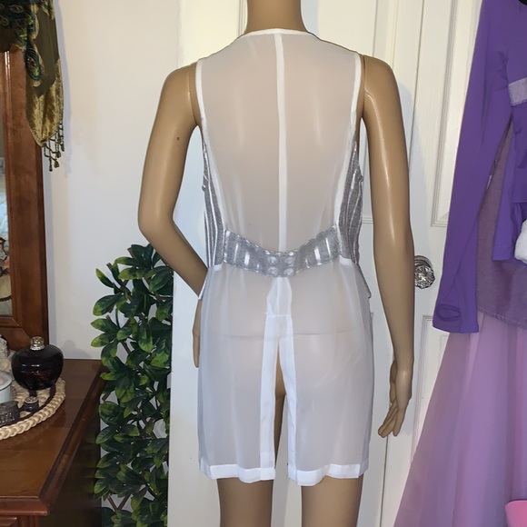 Vtg 90s y2k sleeveless grey white stripe sheer chiffon vest tunic top M - Picture 3 of 16